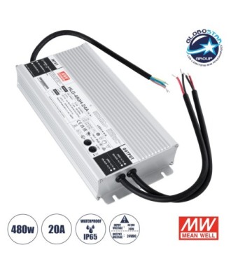 GLOBOSTAR® MEANWELL-HLG480H-24A 90795 Τροφοδοτικό-Μετασχηματιστής SELV 480W 20A DC 24V Αδιάβροχο IP65 - AC 220-240V σε DC 24V - Ρυθμιζόμενο από 20.4VDC έως 25.2VDC - Μ26.2 x Π12.5 x Υ4.38cm - 3 Χρόνια Εγγύηση